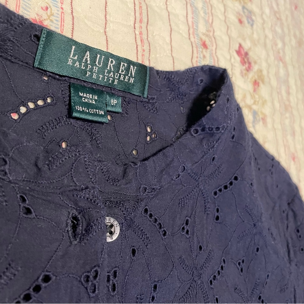 Lauren by Ralph Lauren Navy, Cotton Eyelet, Fitted  Blouse